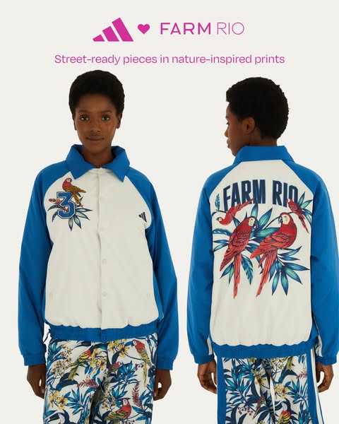 An advertisement from Adidas x Farm Rio features two models wearing apparel with a tropical-themed design.