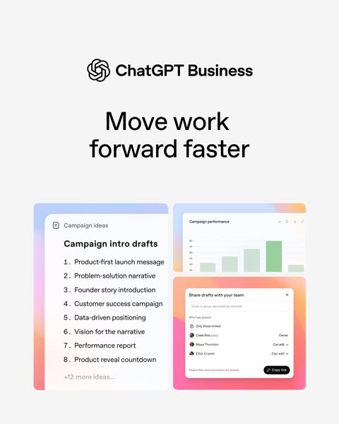 This ad promotes ChatGPT Business by showing campaign ideas, performance data, and team collaboration features. The goal