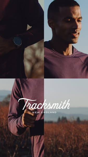 A lifestyle image ad for Tracksmith brand apparel. The ad features a person wearing a Tracksmith long-sleeve shirt. The 