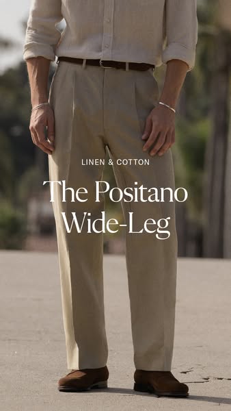 This ad showcases a pair of wide-leg linen and cotton pants, highlighting their fabric and style.