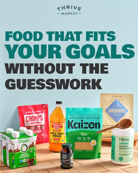 This Thrive Market ad showcases several food and supplement products, emphasizing convenience and alignment with health 