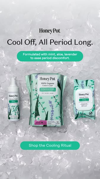 An image ad for Honey Pot period products designed to provide a cooling effect. The ad features intimate wash, wipes and