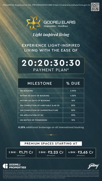 This ad presents a payment plan for premium living spaces at Godrej Elaris, with options for 2, 3, and 4 BHK apartments.