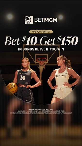This ad promotes BetMGM with an offer for new players to bet $10 and get $150 in bonus bets if they win. Two female bask