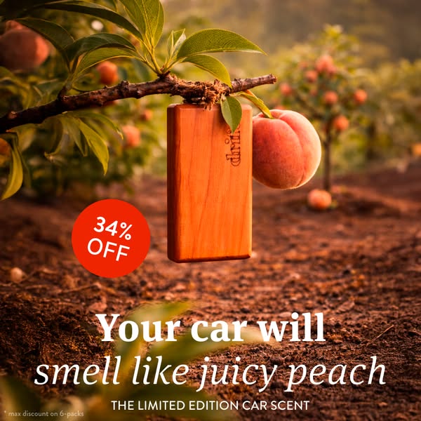 A single image ad for drif car scents, specifically a limited edition peach scent. The ad features the product hanging f