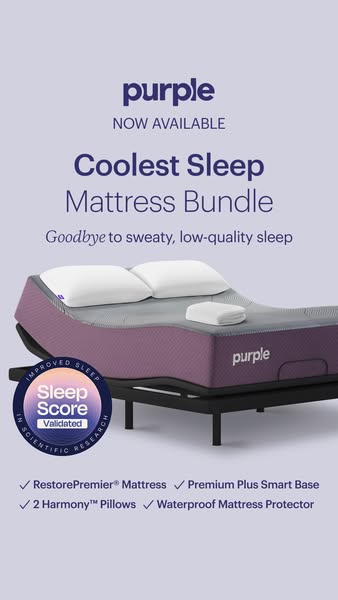 This ad promotes the Purple Coolest Sleep Mattress Bundle. The ad emphasizes improved sleep quality by addressing issues
