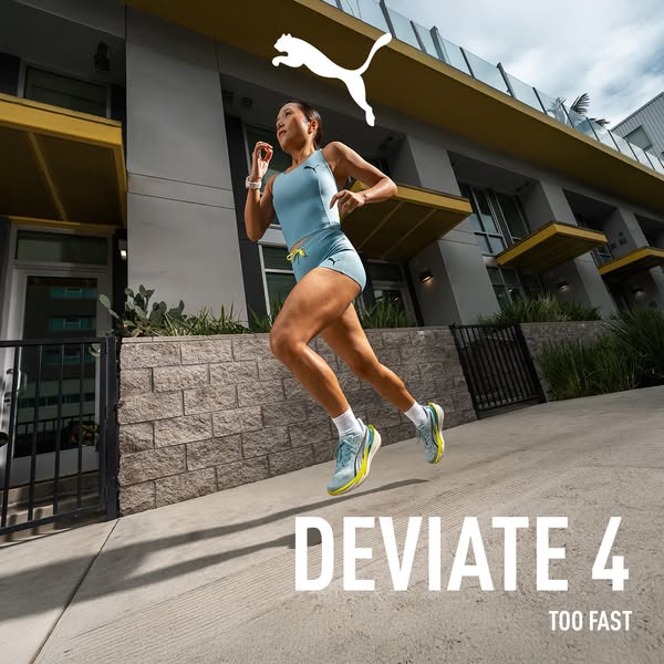 This image ad showcases a woman running in Puma Deviate 4 running shoes in front of an urban backdrop. The ad intends to