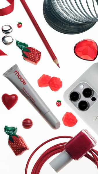 This ad features Rhode's Peptide Lip Treatment in a flatlay arrangement with various red-themed items, creating a vi
