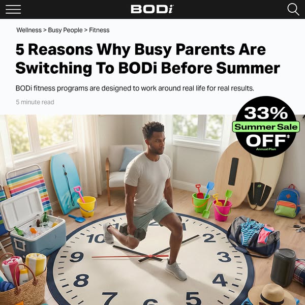 This ad promotes BODi fitness programs for busy parents. The ad highlights BODi's flexibility and convenience with a