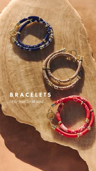 A studio shot features three bracelets with a double wrap design, each showcasing a different colored bandana-inspired p
