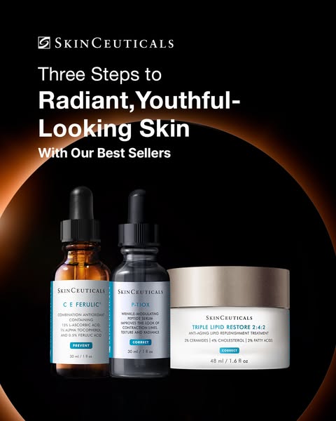 This ad showcases three of SkinCeuticals best-selling products, promising radiant, youthful-looking skin through a simpl