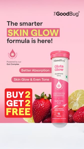 This image ad from The Good Bug promotes Gluta Glow tablets for skin radiance and even tone. The ad features a visually 