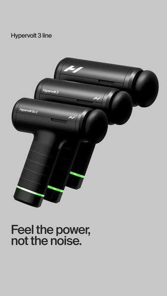 This ad showcases three different Hypervolt massage guns, emphasizing their power while minimizing noise. The visual pre
