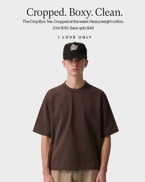 This image ad showcases a brown t-shirt from I Love Ugly. The ad highlights the t-shirt's key features (cropped, box