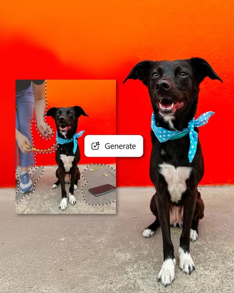 This ad uses AI to generate an image of a dog. The ad shows a dog with a blue bandana sitting in front of an orange wall