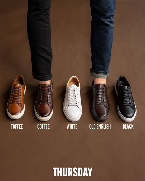 This image ad showcases five different color variations of a Thursday Boot Co. shoe style, worn by a model against a pla
