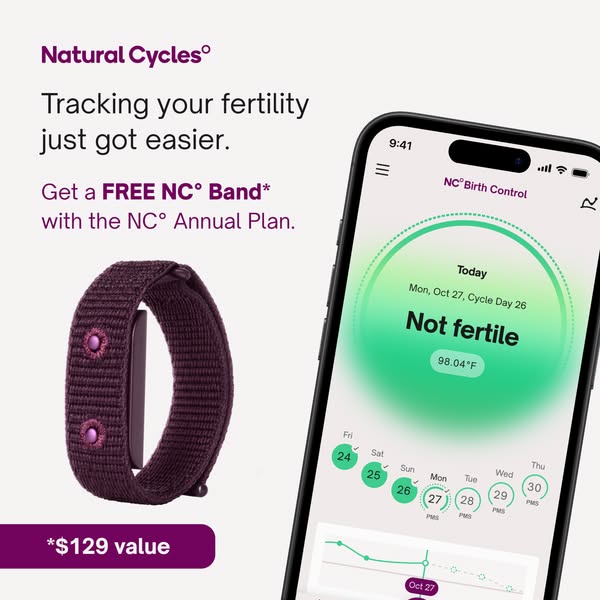 This ad promotes the Natural Cycles app and annual plan. Purchasing an annual plan includes a free NC° Band, a wearable 