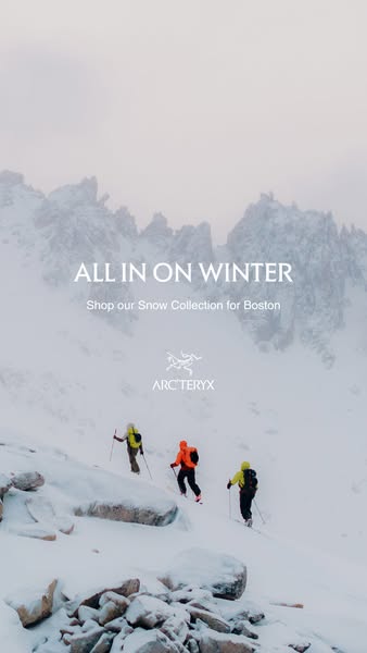 Arc'teryx advertises its Snow Collection for Boston with an image of three people skiing through a snowy landscape.