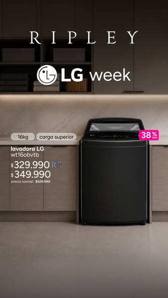 This ad promotes an LG top-load washing machine available at Ripley. The ad highlights a discount of 38%.