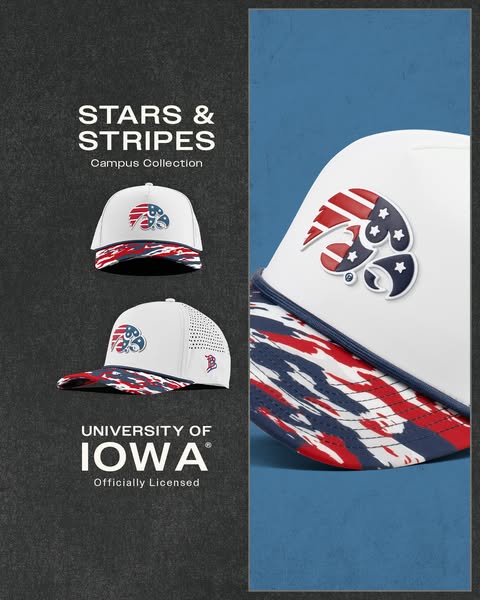 This image ad showcases a Stars & Stripes Campus Collection hat from the University of Iowa. The ad features the hat