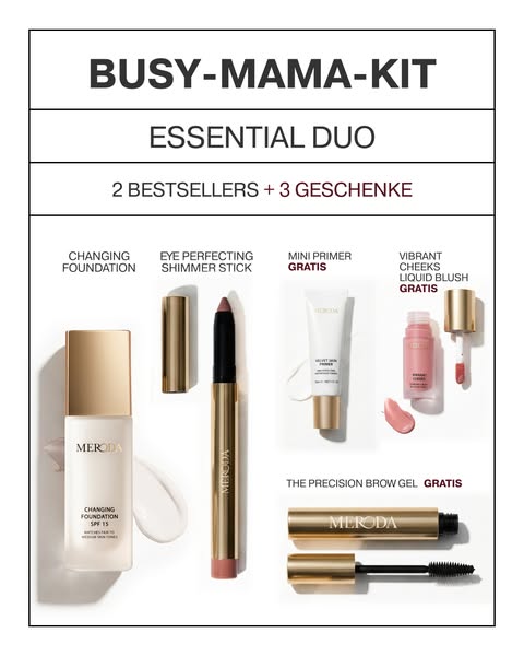 This ad features a collection of cosmetic products in a kit marketed towards busy mothers. The ad highlights the conveni