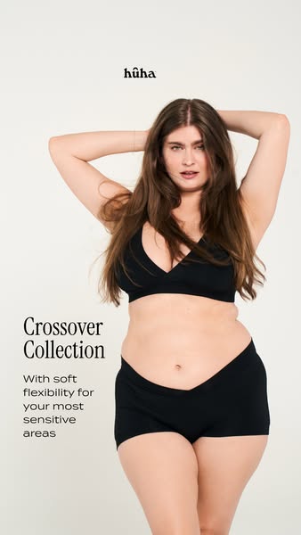 This ad features an image of a woman modeling a hūha crossover bra and underwear. The ad highlights the softness and fle