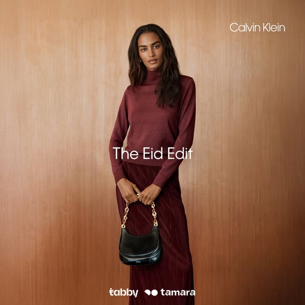 This ad showcases "The Eid Edit" from Tabby and Tamara, featuring Calvin Klein apparel and accessories. A mode