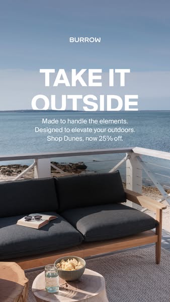 This image ad for Burrow furniture showcases an outdoor set while promoting a 25% off sale on the Dunes collection. The 