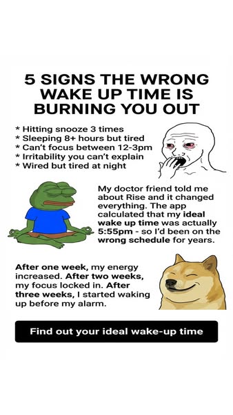 This ad uses a listicle format to highlight the signs of a poor wake-up time, then features a testimonial from a user wh