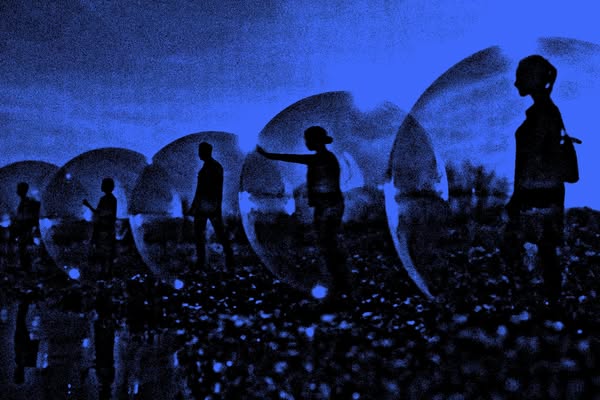 This ad features a blue-toned image of silhouetted people inside of bubbles. The image is meant to evoke a feeling of is