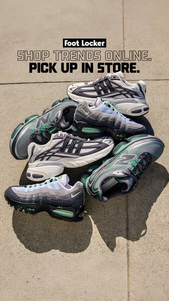 This ad promotes Foot Locker by showcasing a selection of trendy sneakers available for online purchase with the option 