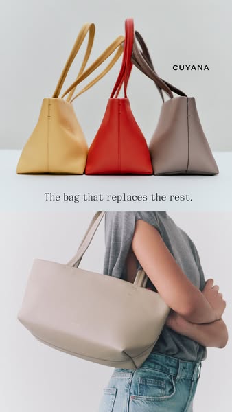 This image ad showcases Cuyana bags, emphasizing their position as a replacement for other bags. It uses a split-image l