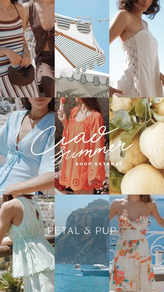 This ad for Petal & Pup features a grid of images depicting women in summery dresses in a variety of locations. The 