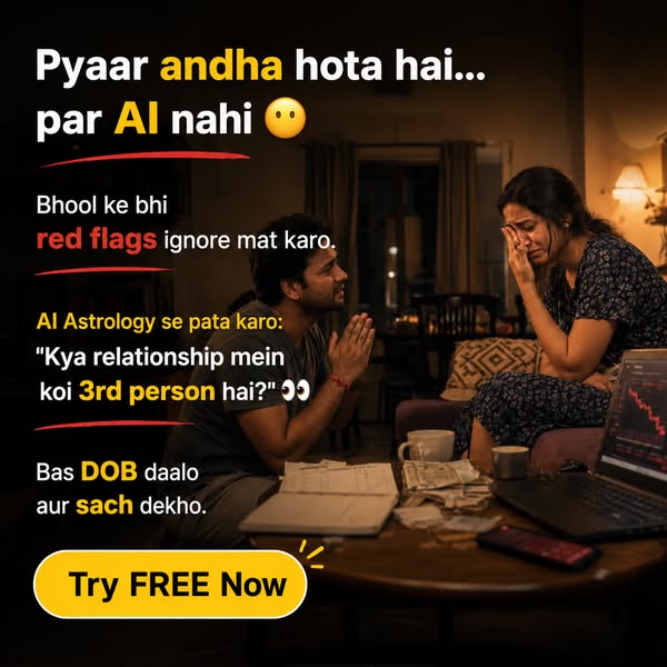 The image ad uses a relatable scenario of a couple facing relationship issues and positions AI Astrology as a solution. 