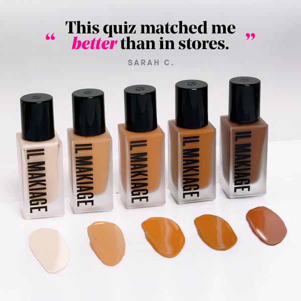 This ad features a testimonial about IL MAKIAGE's online quiz matching users with the right foundation shade. The ad