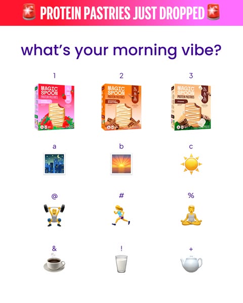 This ad features a poll asking the viewer "what's your morning vibe?" and presents three options of the br