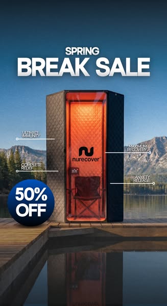 This ad showcases the Nurecover sauna pod with a 50% off Spring Break sale offer. The ad highlights the sauna's bene