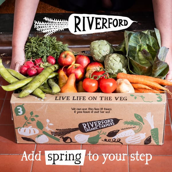 A product shot for Riverford Organic Farmers, highlighting the fresh, organic fruits and vegetables they deliver. A box 