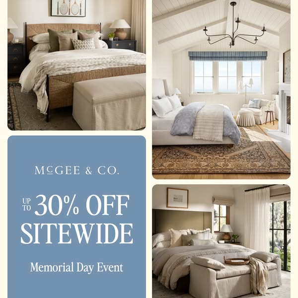 This image ad for McGee & Co. uses a grid layout with images of neutral-toned bedrooms and an offer for up to 30% of