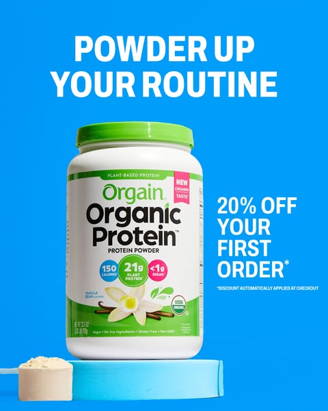 This ad promotes Orgain's Organic Protein powder, highlighting its vanilla flavor and plant-based protein. The ad us