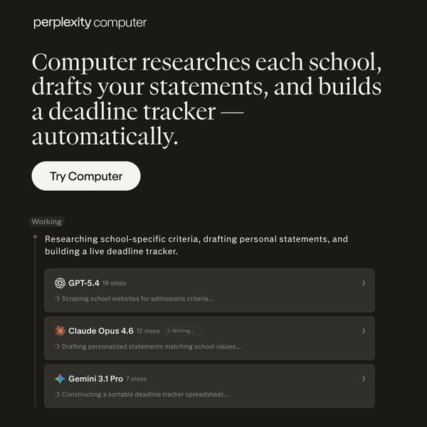 This ad demonstrates the Perplexity Computer product by describing how it researches schools, drafts statements, and bui