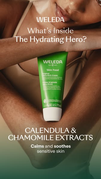 This ad showcases Weleda's Skin Food cream and highlights the ingredients of calendula and chamomile extracts, empha