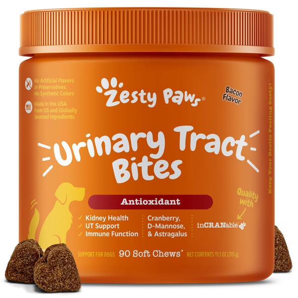 This ad promotes Zesty Paws Urinary Tract Bites for dogs, highlighting their antioxidant properties and key ingredients 