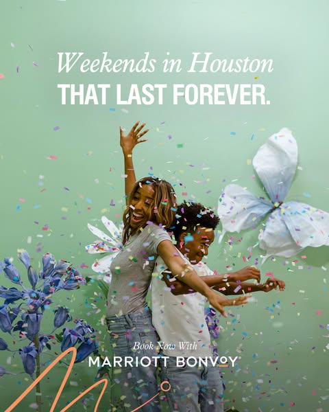 This image ad promotes Marriott Bonvoy for weekend getaways in Houston. It features a woman and a child celebrating amid
