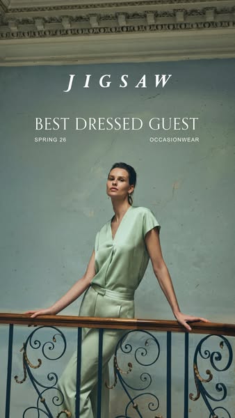 This ad for Jigsaw features a woman wearing a light green outfit. The ad is advertising the brand's occasionwear lin