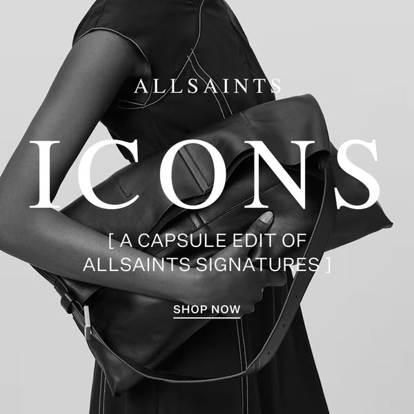 This image ad for Allsaints features a black and white photo of a Black woman holding a large black leather handbag. Tex
