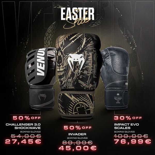 The ad showcases three different styles of Venum boxing gloves (Challenger 3.0 Shockwave, Invader, and Impact Evo Scales
