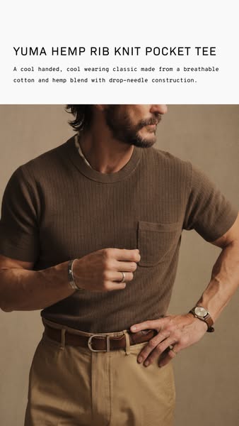 This ad is for the Yuma Hemp Rib Knit Pocket Tee, showcasing its style and features.