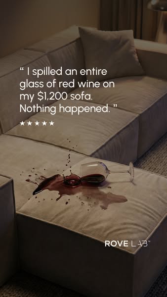 The ad showcases the brand's couch through a testimonial from a customer and shows that the couch is stain resistant