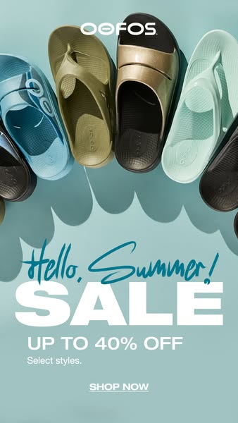 This ad promotes OOFOS footwear, highlighting a summer sale with up to 40% off on select styles. The image features a va